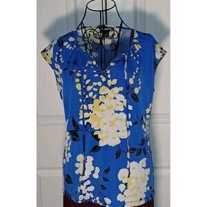 Liz Claiborne Career Blue Floral Cap Sleeve Top Sz S Tie Front Business Elegant